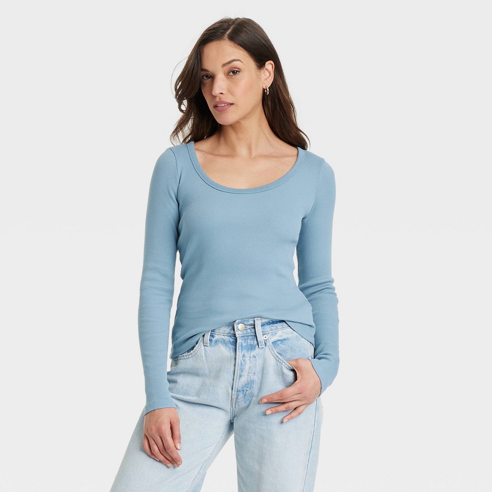 Women's Long Sleeve Rib Scoop Neck T-Shirt - Universal Thread™ Teal Blue S