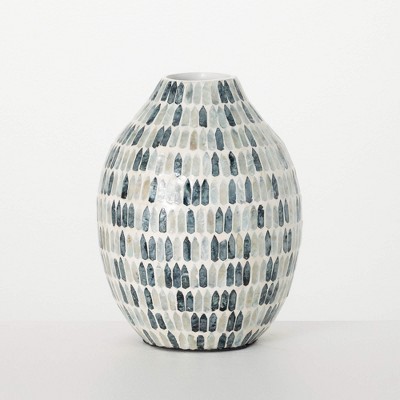Sullivans Blue Bamboo Capiz Urn Vase 11"H