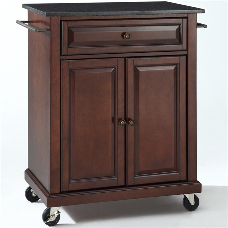 Wood Solid Black Granite Top Kitchen Cart in Mahogany Brown - Bowery Hill, 1 of 7