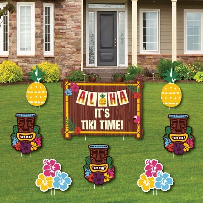 Big Dot of Happiness Tiki Luau - Yard Sign and Outdoor Lawn Decorations - Tropical Hawaiian Summer Party Yard Signs - Set of 8