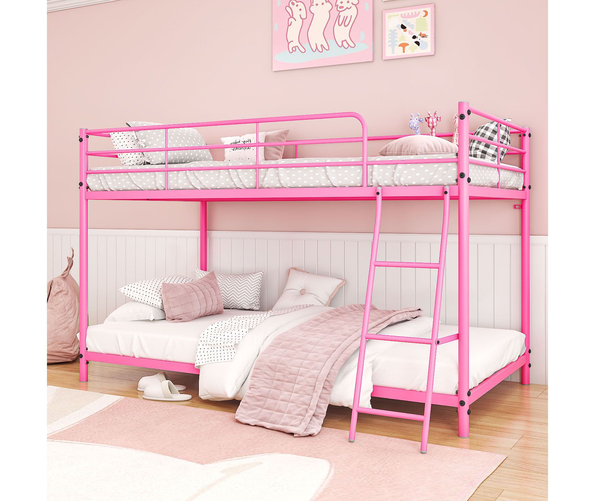 Karl Home Pink Twin Size Metal Bunk Bed for Kids Teens Adults, Heavy Duty Metal Bunk Bed with Ladder