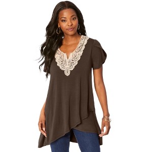 Roaman's Women's Plus Size Lace Tulip Hem Tunic - 1 of 4