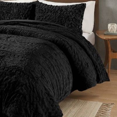 King Black Ruched Faux Fur Comforter Set
