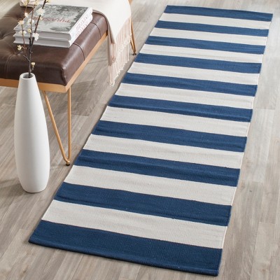 Navy and Ivory Striped Cotton Flat Woven Rug