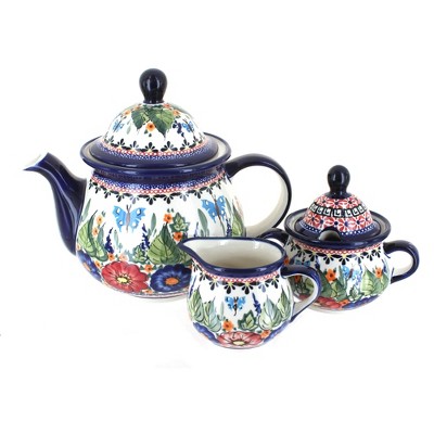 Blue Rose Polish Pottery Floral Butterfly Three Piece Tea Set