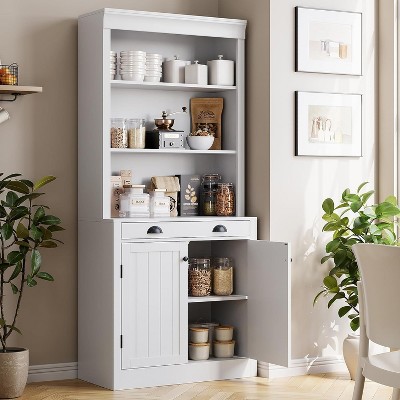 71" White Bookshelf with Doors & Drawer, 5-Tier Adjustable Bookcase Storage Cabinet for Living Room, Home Office