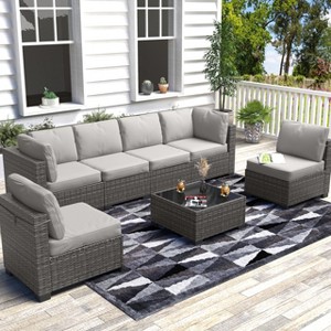Whizmax 7-Piece Modular Patio Set - PE Rattan Sectional Sofa with Thick Cushions & Glass Coffee Table, Outdoor Furniture for Garden, Balcony, Porch - 1 of 4