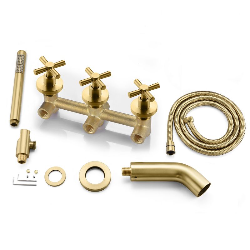 SUMERAIN Waterfall Wall Mount Tub Faucet with Hand Shower Sprayer, 3 Cross Handle, Brushed Gold, 6 of 10