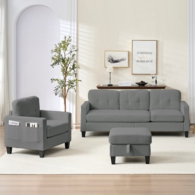 Mjkone 76" Comfort L-Shaped Sectional Sofa Set,Corduroy 3-Seater with Moveable Storage Ottoman/Loveseat/Single Sofa Couch