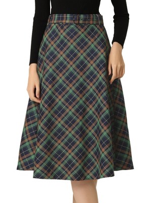 INSPIRE CHIC Women's Tartan Plaid High Waist Belted Vintage A-Line Midi Skirt