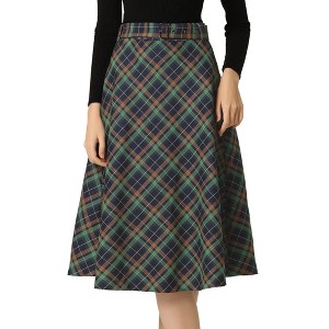 INSPIRE CHIC Women's Tartan Plaid High Waist Belted Vintage A-Line Midi Skirt - 1 of 4
