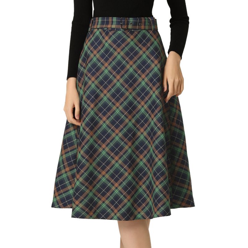 Allegra K Women's Tartan Plaid High Waist Belted Vintage A-Line Midi Skirt, 1 of 8