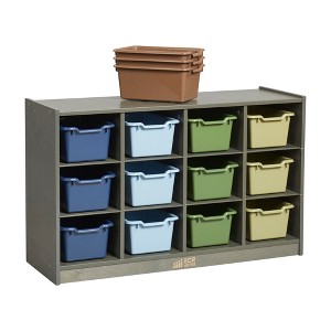 ECR4Kids 12 Cubby Mobile Tray Cabinet with 15 Scoop Front Storage Bins, 3x4, Grey Wash - 1 of 4