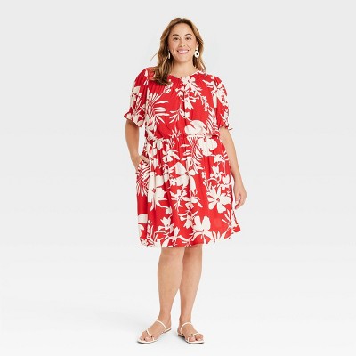 Women's Short Sleeve Mini A-line Dress - Ava & Viv™ Red Floral 1x : Target