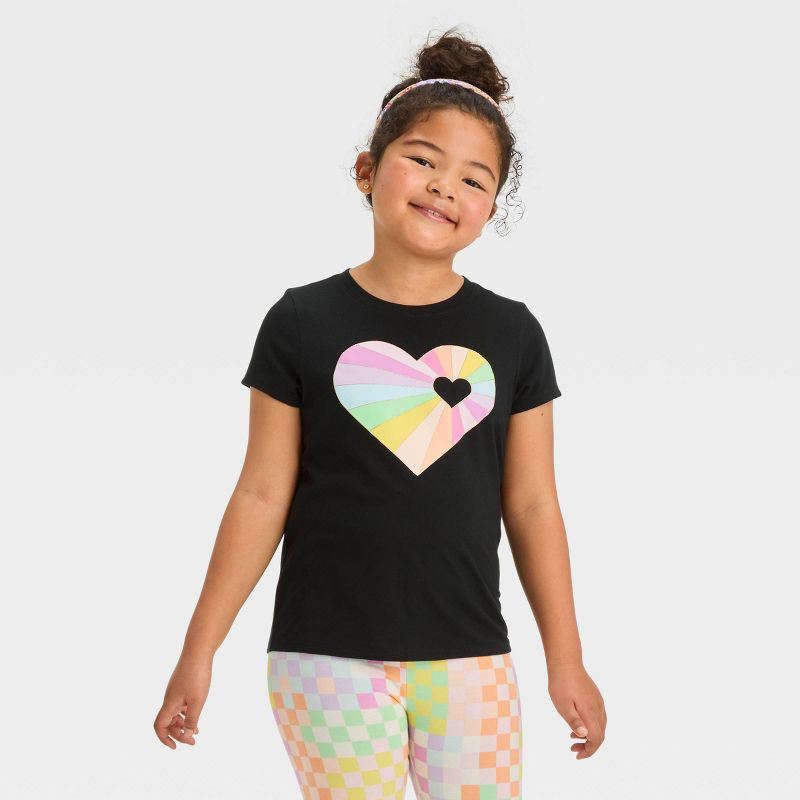 Girls&#39; Short Sleeve &#39;Rainbow Heart&#39; Graphic T-Shirt - Cat &#38; Jack&#8482; Black, 1 of 5