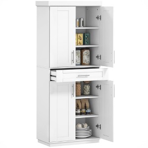 Yukimo 30" White Modern Kitchen Pantry Cabinet with 4 Doors, Drawer and Adjustable Shelves, Freestanding Storage for Dining Room & Living Room - 1 of 4