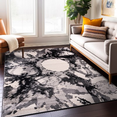 Black and Gray Abstract Synthetic 8' x 10' Area Rug