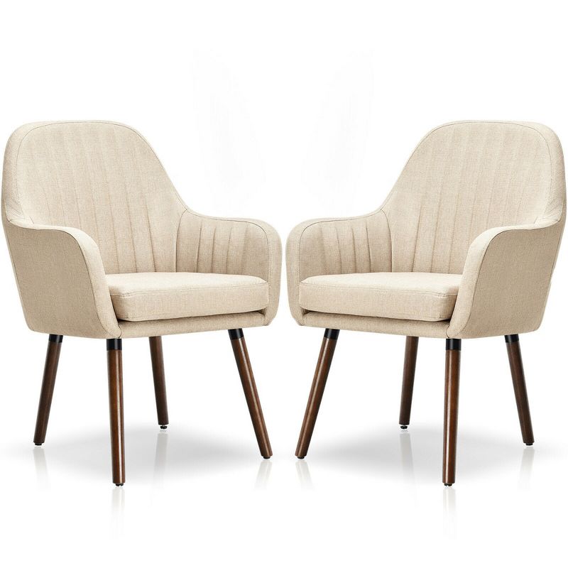 Costway Set of 2 Accent Chairs Fabric Upholstered Armchairs w/Wooden Legs Beige/Gray, 4 of 11