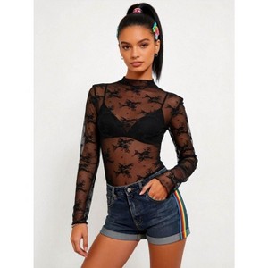 2 piece Women's Sheer Lace Long Sleeve Top – High Neck, Sexy