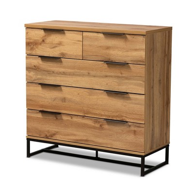 Baxton Studio Franklin Wood And Metal 5 Drawer Bedroom Chest Oak/black ...