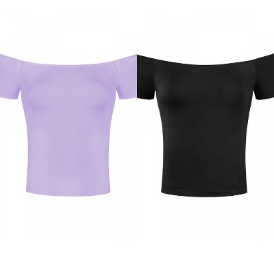 Allegra K Women's Short Sleeves Off The Shoulder Stretchy Fabric Solid Crop Top 2 Packs