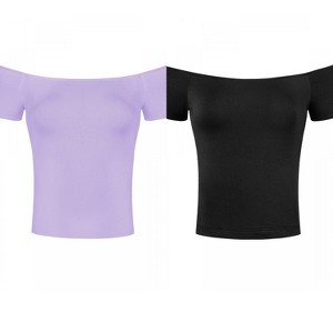 Allegra K Women's Short Sleeves Off The Shoulder Stretchy Fabric Solid Crop Top 2 Packs - 1 of 4