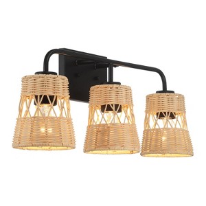 KTMBDW 3-Light Bathroom Light Fixtures, Black Modern Vanity Lights with Rattan Shade, Bathroom Wall Lamp for Mirror Kitchen Living Room Hallway - 1 of 4