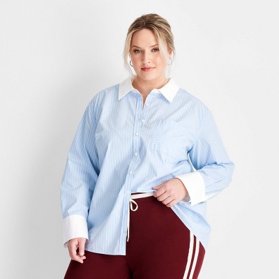 Women's Long Sleeve Oversized Button-Down Shirt - Future Collective Light Blue Striped 1X