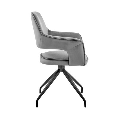 Contemporary Gray Velvet Upholstered Swivel Arm Chair with Metal Base