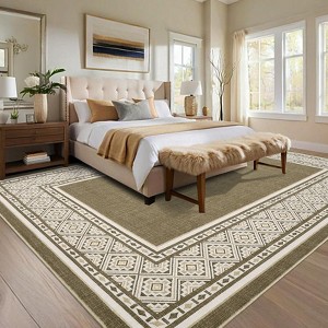 Modern Solid Area Rug Washable Living Room Rugs with Non Slip Backing Bordered Throw Carpet Foldable Neutral Floor Rugs - 1 of 4