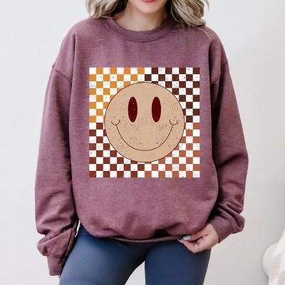 Simply Sage Market Fall Checkered Smiley Sweatshirt - M - Heather Maroon
