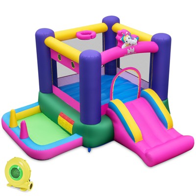 Tangkula Inflatable Bounce Castle Kids Bounce House w/Slide Basketball Hoop & Ball Pit Ring-toss & Pitching Game w/Carry Bag 480W Blower