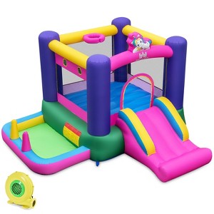 Tangkula Inflatable Bounce Castle Kids Bounce House w/Slide Basketball Hoop & Ball Pit Ring-toss & Pitching Game w/Carry Bag 480W Blower - 1 of 4