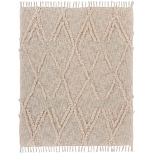 HomeRoots 60" X 50" Beige Woven Cotton Geometric Throw Blanket with Fringe - 1 of 4