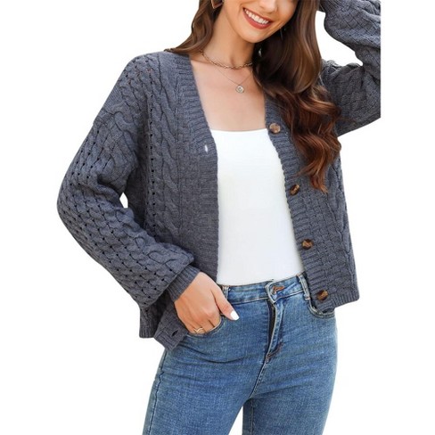 Womens Chunky Knit Cardigan Sweater Open Front Long Sleeve Button ...