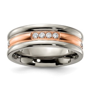 Black Bow Jewelry 7mm Titanium, Rose Tone Plated, & CZ Grooved Standard Fit Band - 1 of 4