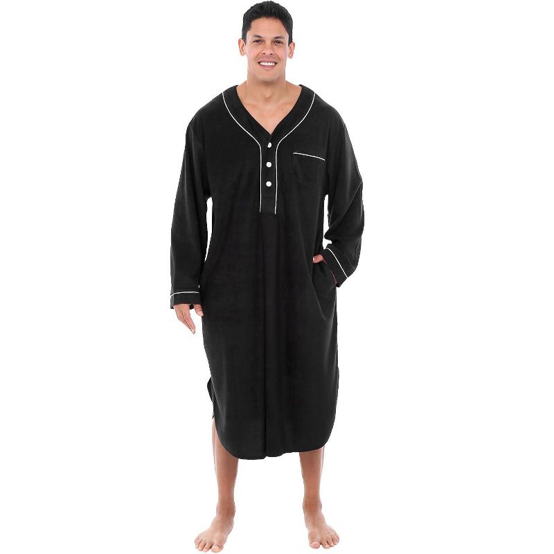 Men's Soft Plush Fleece Sleep Shirt, Warm Long Henley Night Shirt Pajamas, 1 of 6