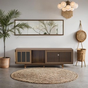 VYNXARIA Mid-century modern style Walnut TV STAND Cat house pet friendly With Sliding door flip-down - 1 of 4