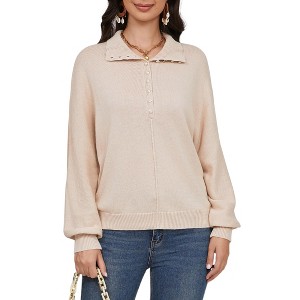 Coolmee Women's Knit Sweater Button Polo Collared Casual Fall Winter Pullover Sweater Tops - 1 of 4