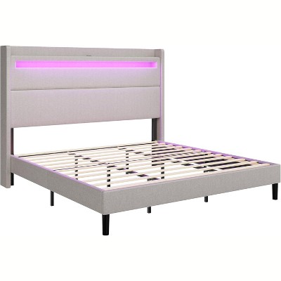 AMERLIFE Bed Frame with LED Lights & Wingback Headboard