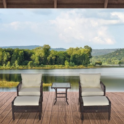 Cream White PE Wicker 4-Person Patio Furniture Set with Glass Table