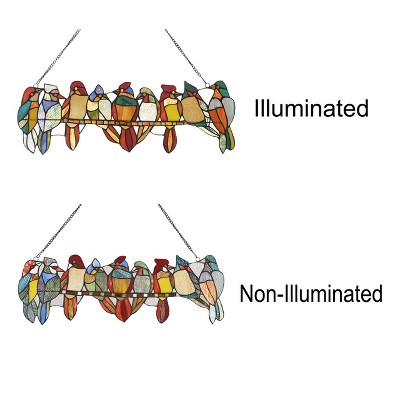 Multi-Colored Stained Glass Birds on Vine Window Panel