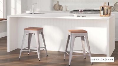 Yellow Backless Metal Dining Stool with Wooden Seat, 25"