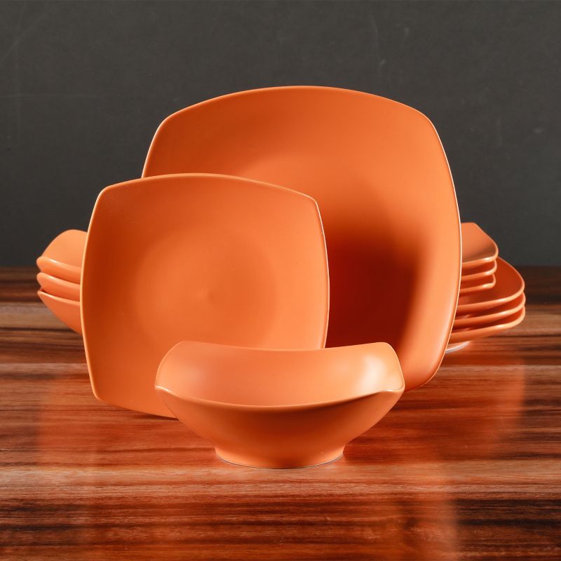 Gibson Home Zen Buffetware 12 Piece Square Fine Ceramic Dinnerware Set in Matte Papaya Orange, 5 of 9