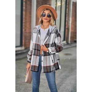 Women Long Sleeve Hooded Shirts Plaid Button Down Shirt Jacket - 1 of 4