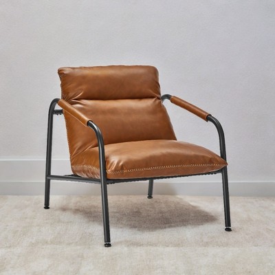 Accent Chair, Metal Framed Armchair, Synthetic Leather with Stitching, Mid-Century Modern, Sling Chair