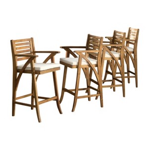 GDFStudio Baia Outdoor Acacia Wood 29 Inch Barstools with Cushion (Set of 4) - 1 of 4