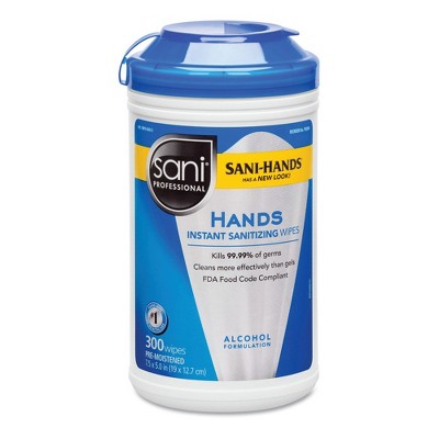Sani Professional P92084 Hands 7-1/2 in. x 5 in. Instant Sanitizing Wipes - White (300/Canister)