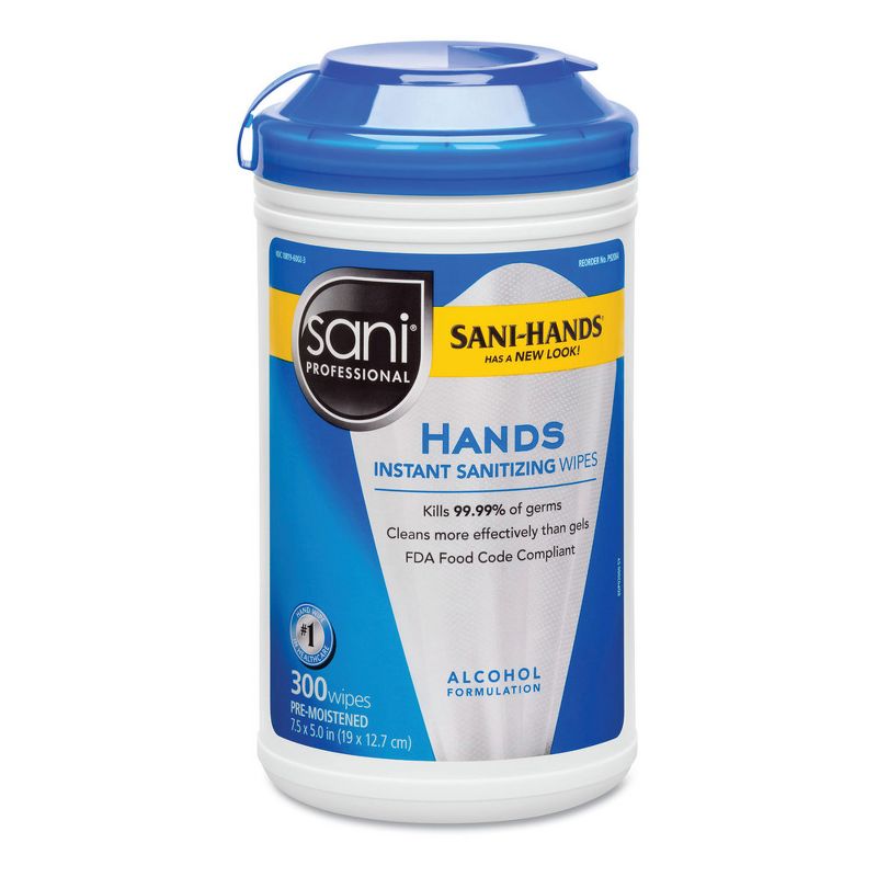 Sani Professional P92084 Hands 7-1/2 in. x 5 in. Instant Sanitizing Wipes - White (300/Canister), 1 of 2