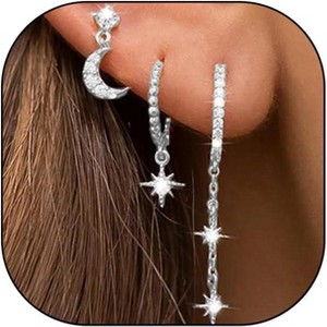 14K Gold Moon Star Earring Set, 3Pcs Tassel Chain Stud with Sparkly Zircon, Asymmetric Stacking Jewelry Gift for Women. - 1 of 4